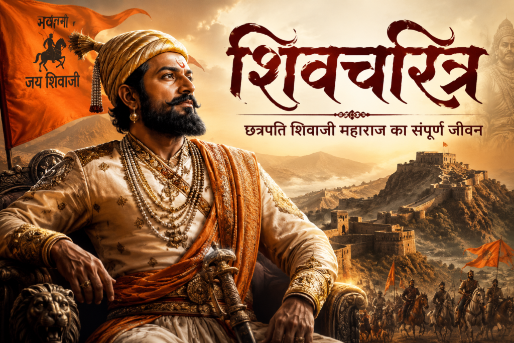 छत्रपति शिवाजी महाराज का संपूर्ण शिवचरित्र दर्शाती फीचर इमेज, जिसमें शिवाजी महाराज, भगवा ध्वज, मराठा सेना और ऐतिहासिक किला दिखाई दे रहा है।
