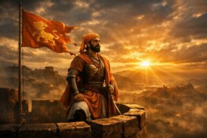 छत्रपति शिवाजी महाराज किले पर खड़े हैं, सूर्योदय की रोशनी में स्वराज का प्रतीक।