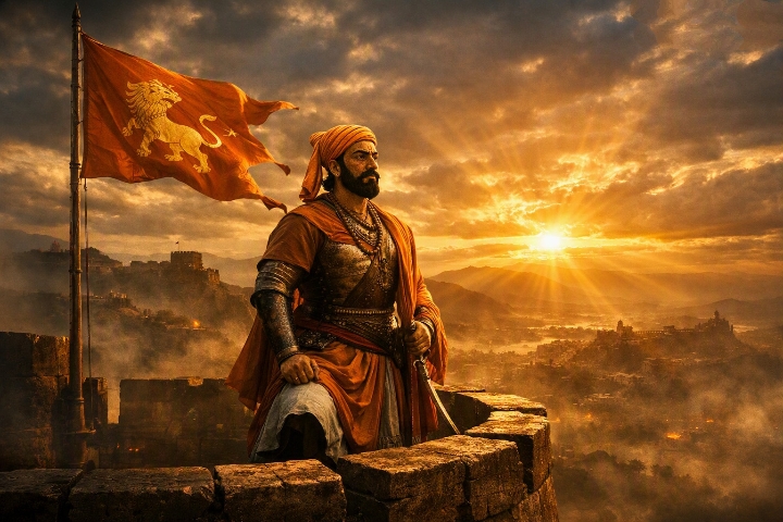 छत्रपति शिवाजी महाराज किले पर खड़े हैं, सूर्योदय की रोशनी में स्वराज का प्रतीक।