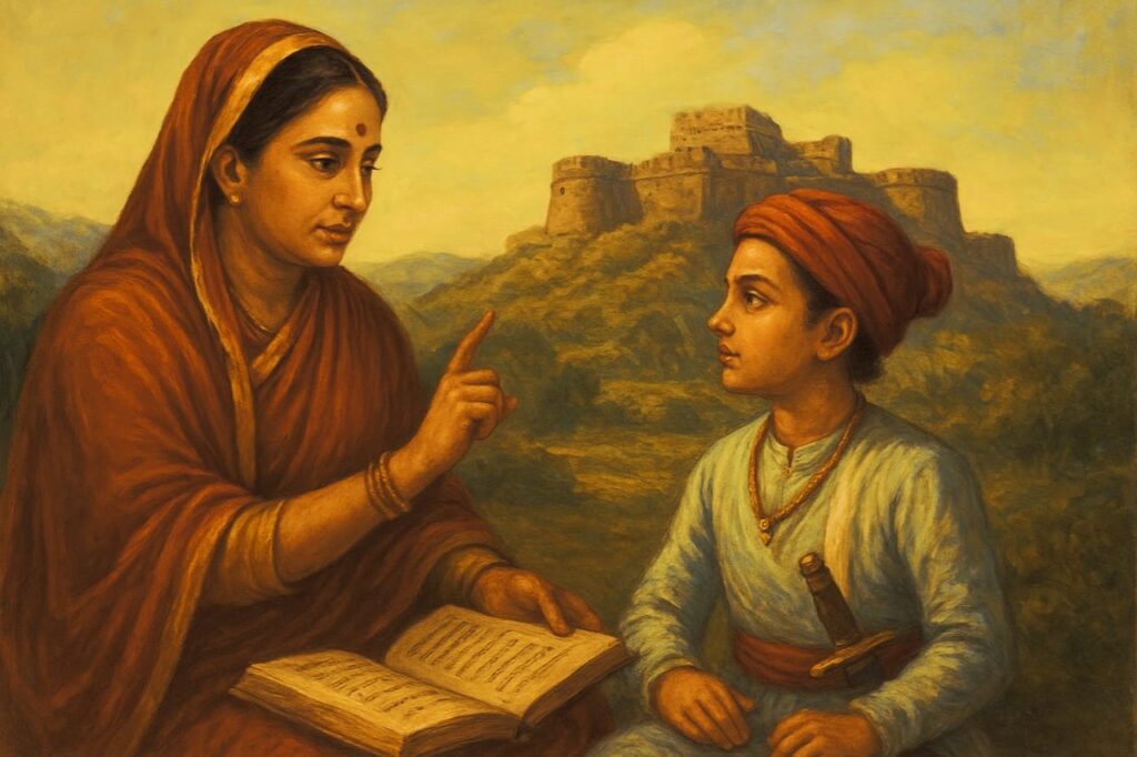 “जिजाऊ माँ बाल शिवाजी महाराज को शिक्षा देती हुई, पृष्ठभूमि में किला और हरियाली का दृश्य”
