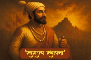 छत्रपति शिवाजी महाराज की चित्रित छवि, पृष्ठभूमि में किला और भगवा ध्वजों के साथ — स्वराज्य स्थापना का प्रतीक