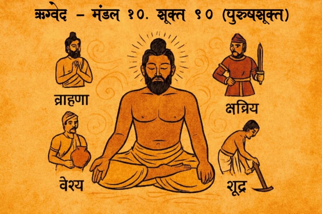 पुरुषसूक्त में विराट पुरुष से उत्पन्न चार वर्ण – ब्राह्मण, क्षत्रिय, वैश्य, शूद्र का प्रतीकात्मक चित्र