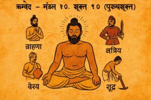 पुरुषसूक्त में विराट पुरुष से उत्पन्न चार वर्ण – ब्राह्मण, क्षत्रिय, वैश्य, शूद्र का प्रतीकात्मक चित्र