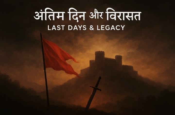 “रायगढ़ किला के पृष्ठभूमि में भगवा ध्वज और तलवार के साथ शिवाजी महाराज के अंतिम दिन और विरासत का प्रतीकात्मक चित्र”