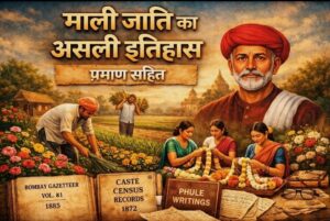 “माली जाति का असली इतिहास – फूलों की खेती, महात्मा फुले और असली दस्तावेज़ों की प्रतीकात्मक छवि”