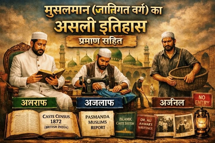 “मुस्लिम जातिगत वर्ग – अशराफ, अजलाफ, अर्जल, मस्जिद और असली दस्तावेज़ों की प्रतीकात्मक छवि”