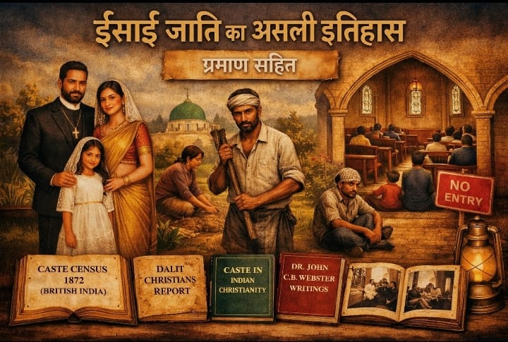 “ईसाई जाति का असली इतिहास – चर्च, ईसाई परिवार, ग्रामीण मजदूर, NO ENTRY संकेत और ऐतिहासिक दस्तावेज़ों की प्रतीकात्मक छवि”