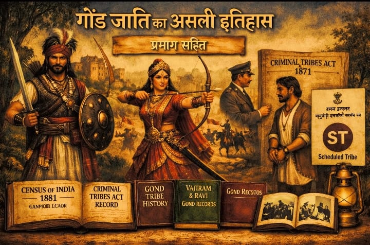गोंड जाति का असली इतिहास – योद्धा, रानी दुर्गावती, ब्रिटिश दस्तावेज़ और ST प्रमाण की प्रतीकात्मक छवि