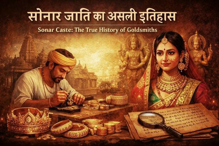 Traditional Sonar goldsmith crafting jewelry with ancient temple and manuscript background, representing Sonar caste heritage in India