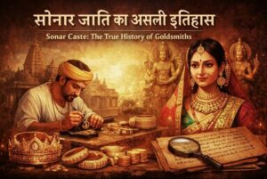 Traditional Sonar goldsmith crafting jewelry with ancient temple and manuscript background, representing Sonar caste heritage in India