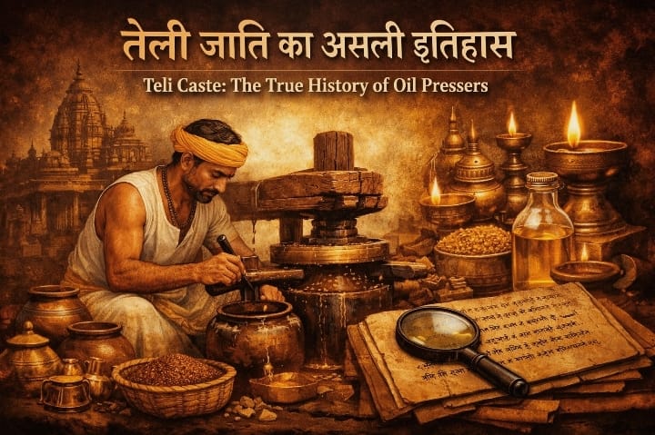 Traditional Teli oil presser operating a wooden oil press with temple and manuscript background, symbolizing Teli caste heritage in India