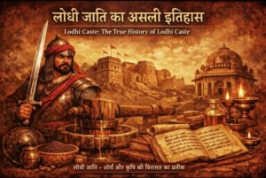 Lodhi warrior with sword and ancient fort background, symbolizing Lodhi caste heritage and valor in India