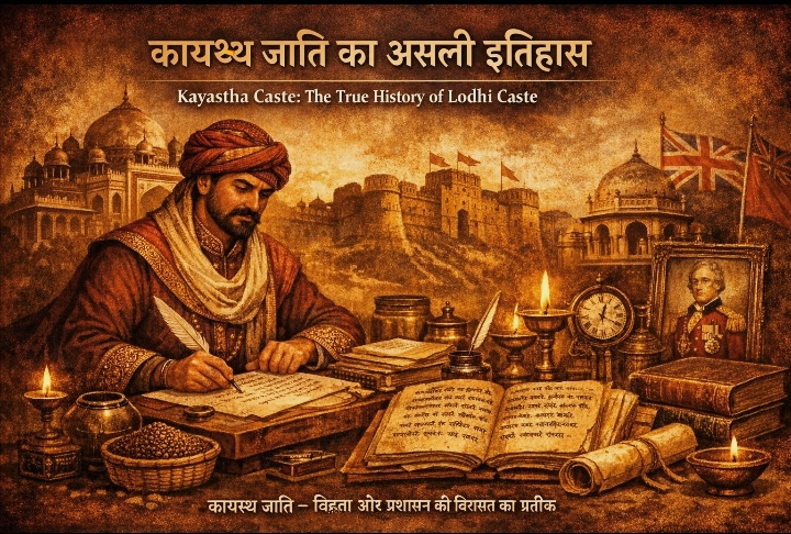 Kayastha scholar scribe writing at a desk with ancient documents, Mughal palace, and British-era elements in the background, symbolizing Kayastha heritage in India