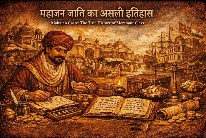 Mahajan merchant counting gold coins with ancient market and colonial cityscape in background, symbolizing Mahajan caste heritage in India