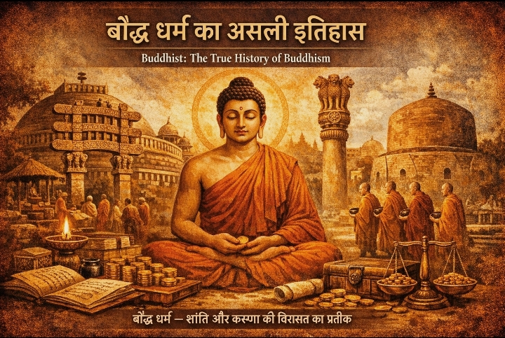 Gautama Buddha meditating with Sanchi Stupa, Ashoka Pillar, and Buddhist monks in background, symbolizing Buddhist caste heritage in India