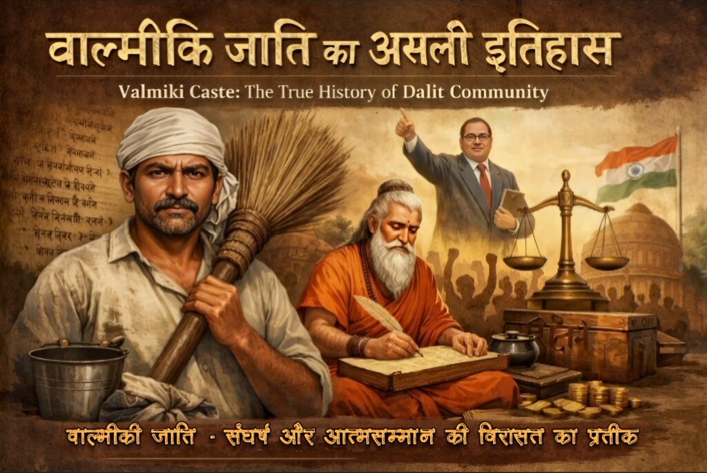 Valmiki community member with broom and manuscript background, symbolizing Dalit heritage and social justice in India