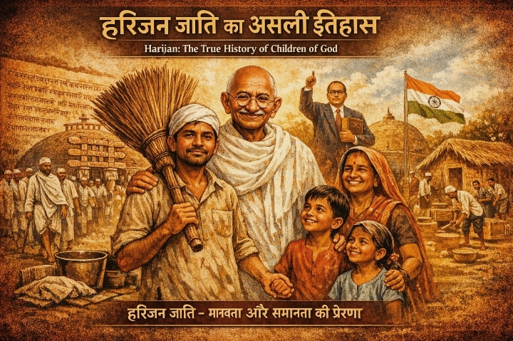 Mahatma Gandhi with Dalit children and Harijan community, symbolizing social upliftment and equality in India