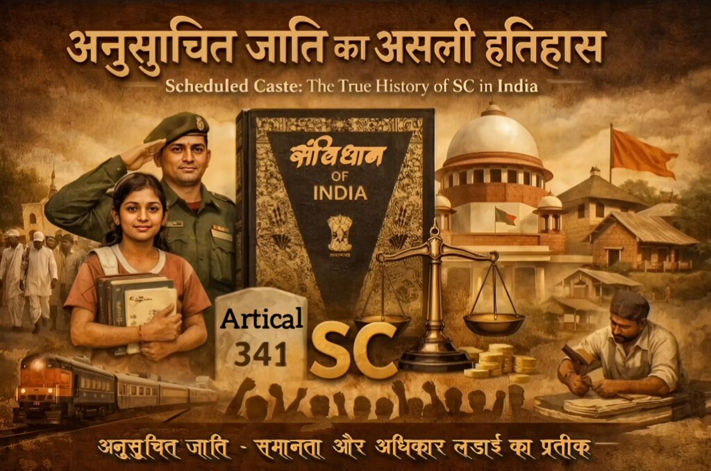 Constitution of India with SC text, Supreme Court building, Dalit community symbols, representing Scheduled Caste heritage in India