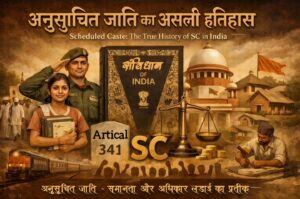 Constitution of India with SC text, Supreme Court building, Dalit community symbols, representing Scheduled Caste heritage in India