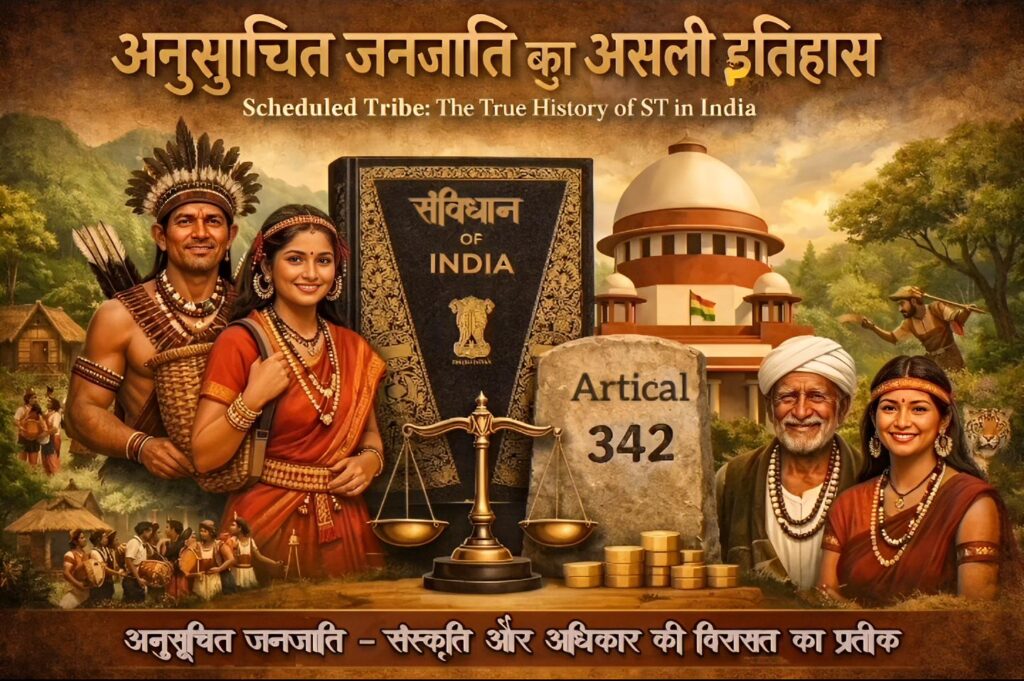 Tribal community with traditional attire, Constitution of India, Supreme Court building, symbolizing Scheduled Tribe heritage in India