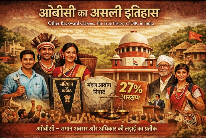 OBC community with Constitution of India, Mandal Commission, 27% reservation text, and Supreme Court building