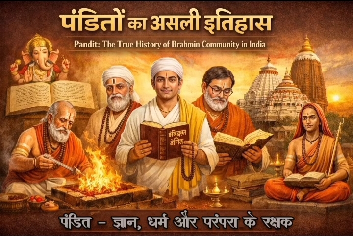 Brahmin pandits performing Vedic rituals, reading scriptures, and standing near ancient temples