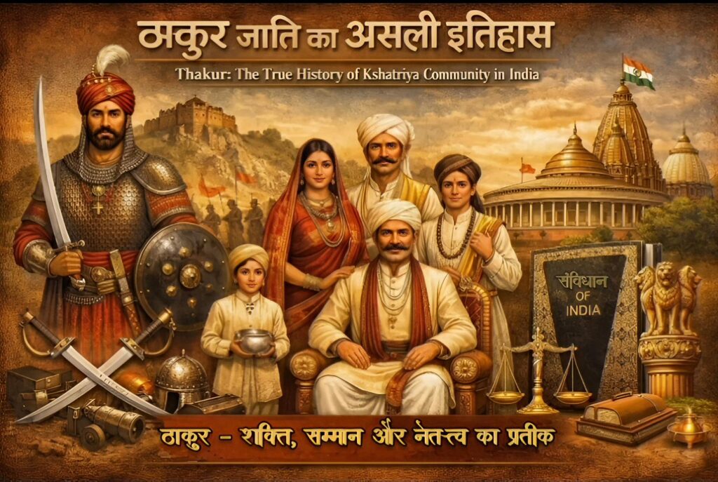 Thakur warriors with swords, zamindar family, Constitution of India, symbolizing Thakur heritage in India