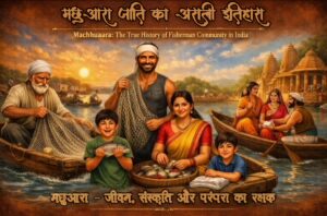 Fisherman family with fishing net, woman cleaning fish, children with fish, and boatman ferrying Lord Ram and Sita