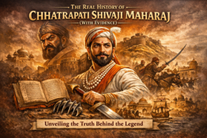 Chhatrapati Shivaji Maharaj portrait with Fort Shivneri, Wagh Nakh, Afzal Khan, and Maratha warriors – real history with evidence