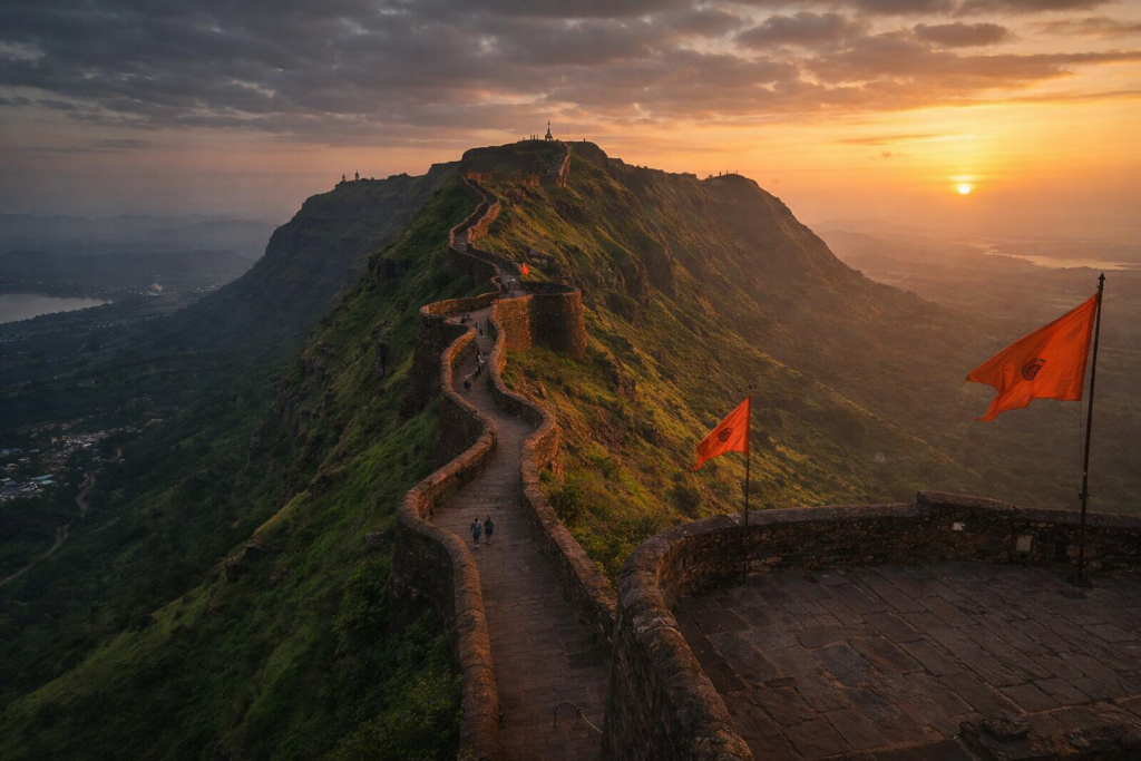 Shivaji Maharaj leading Maratha warriors at sunset on mountain fort – real history