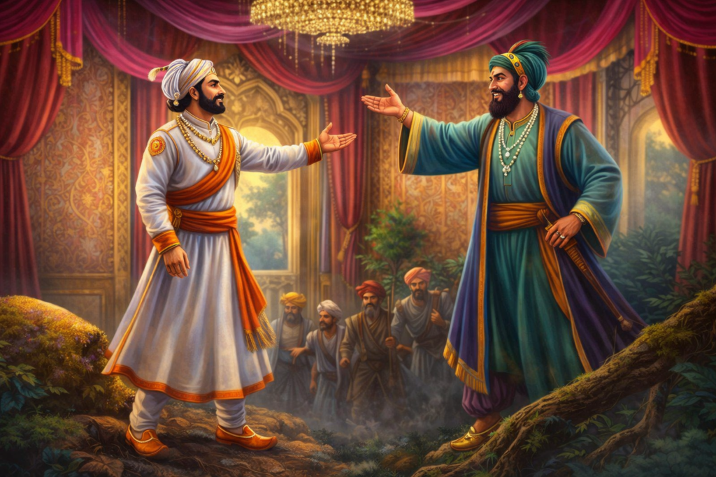 Chhatrapati Shivaji Maharaj meeting Mughal noble in royal palace – historical
