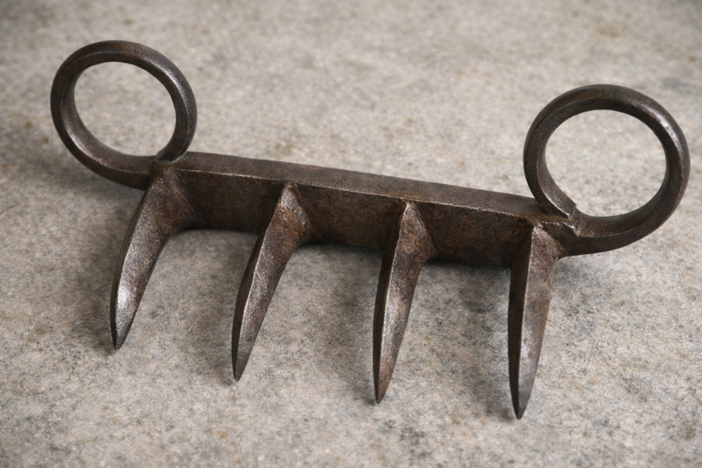 Wagh Nakh tiger claws weapon close‑up on stone surface – Shivaji Maharaj history illustration