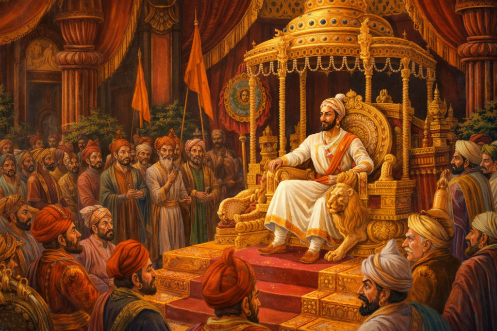 Chhatrapati Shivaji Maharaj seated on golden throne in royal court surrounded by Maratha nobles – historic coronation illustration