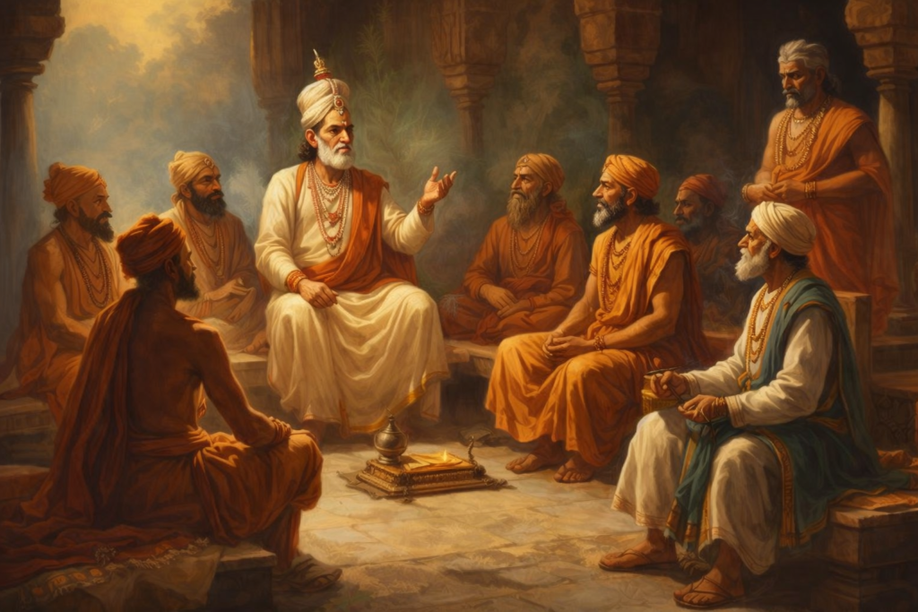 Ancient Indian sages and elder discussing philosophy in temple – historical illustration