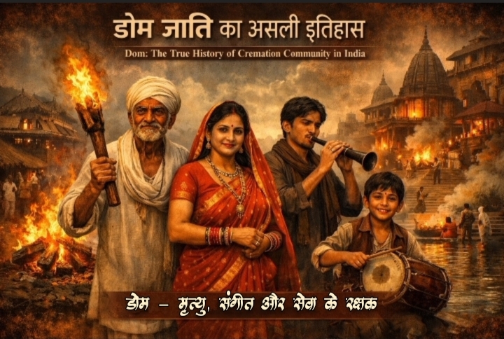 Dom family with torch, shenai player, funeral pyre, ghat background, cremation community heritage of India