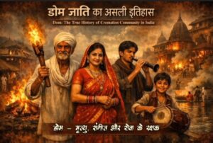 Dom family with torch, shenai player, funeral pyre, ghat background, cremation community heritage of India