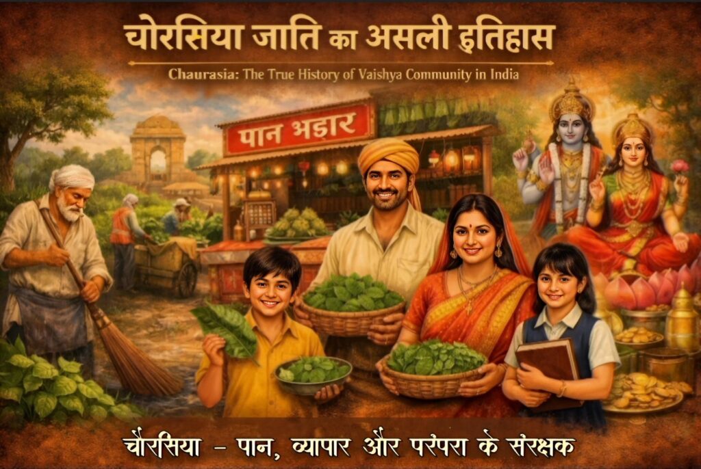 Chaurasia family with betel leaves, paan shop, Lord Krishna and Goddess Lakshmi statues, Vaishya community symbolism