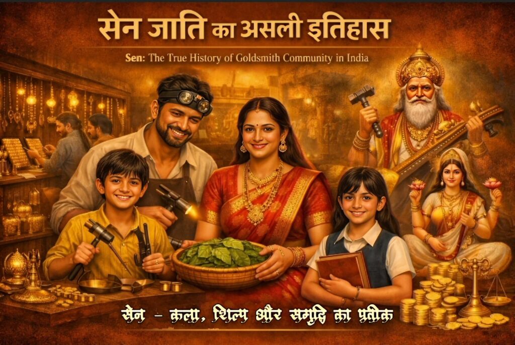 Sen family in goldsmith shop, Lord Vishwakarma with tools, Goddess Saraswati with veena, gold coins and balance scale