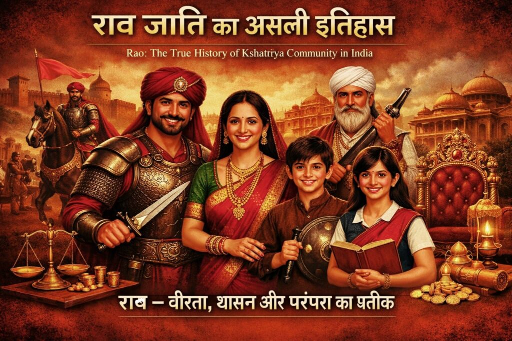 Rao family, Rajput and Maratha warriors, royal throne, crown, scrolls, oil lamp