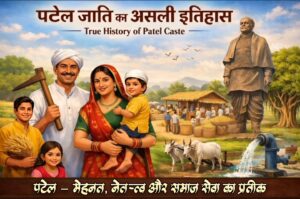 Patel family, farmer with oxen in field, Sardar Vallabhbhai Patel statue, grain sacks, tractor