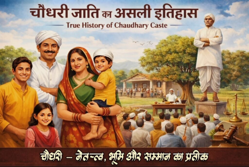 Chaudhary family in village meeting, leader statue, farmland, panchayat scene, justice symbol