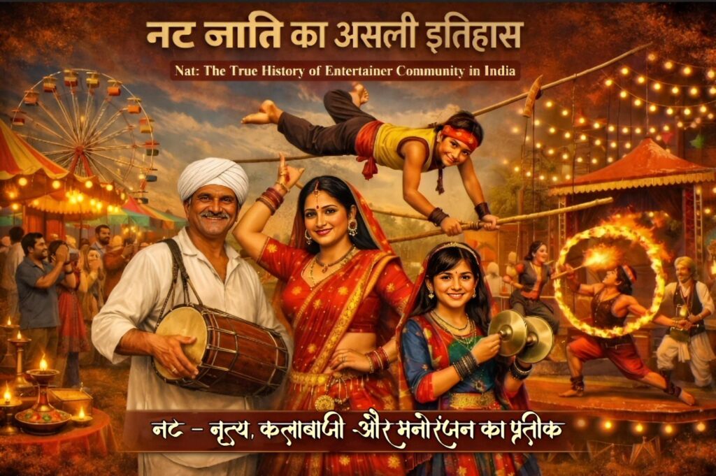 Nat family performing dance and acrobatics, fairground background, entertainer heritage of India