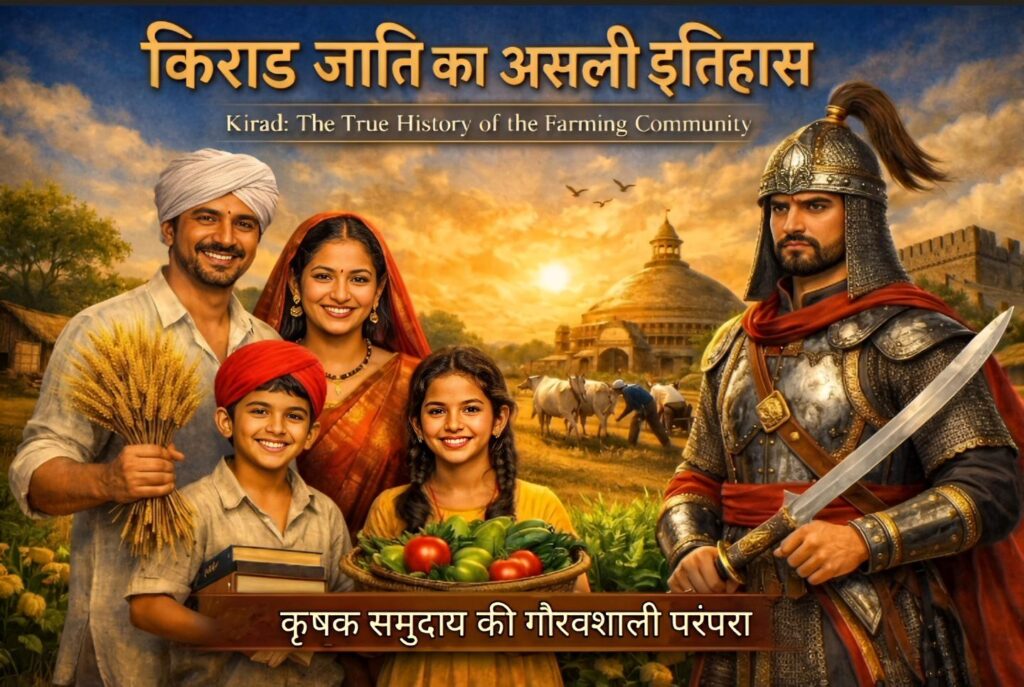 Kirad farmer family with Rajput warrior and rural background, symbolizing OBC farming heritage in India