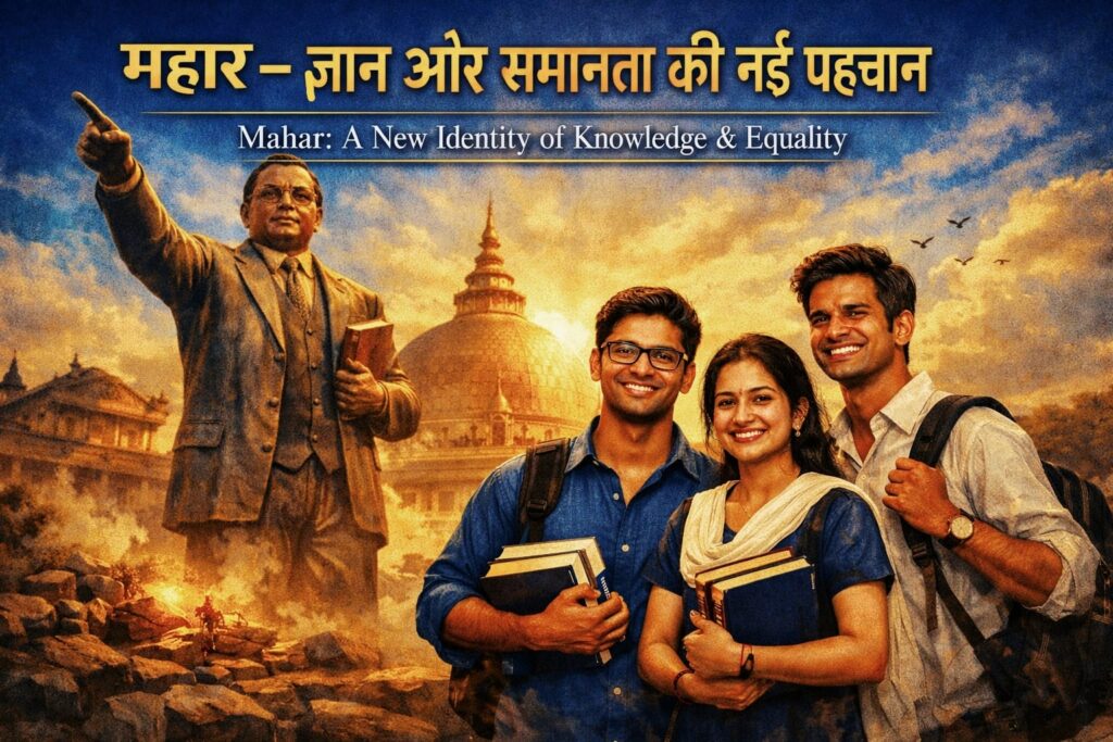 Mahar family with Dr. Ambedkar statue in background, Buddhist conversion scene, SC community heritage of Maharashtra