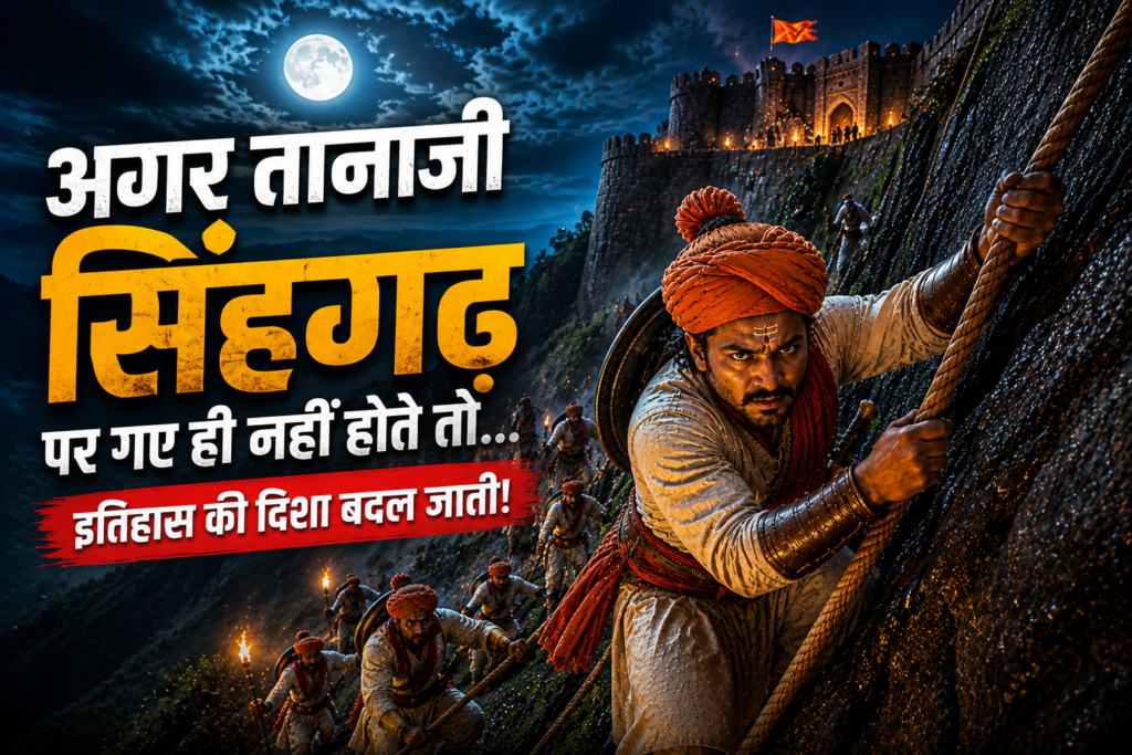 Tanaji Malusare climbing Sinhagad fort at night with Maratha warriors historical battle scene