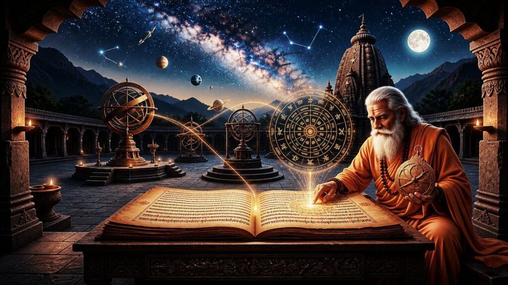 Ancient Indian sage studying Vedic astrology under starry sky with celestial instruments and cosmic symbols