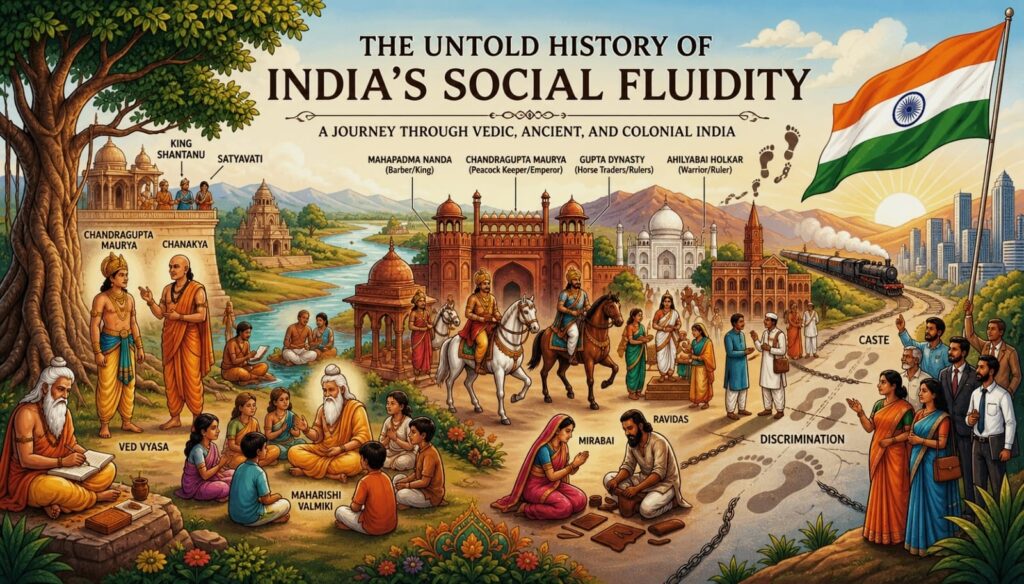 Illustration of India’s social history from ancient Vedic period to modern era showing culture, society and change