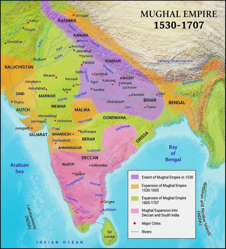 Map of Mughal Empire expansion in India from 1530 to 1707 showing regions, cities and historical boundaries