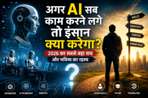 AI और इंसान के भविष्य को दर्शाती फीचर इमेज जिसमें रोबोट, ऑटोमेशन, कृत्रिम बुद्धिमत्ता तकनीक और 2026 में मानव जीवन पर AI के प्रभाव को दिखाया गया है।