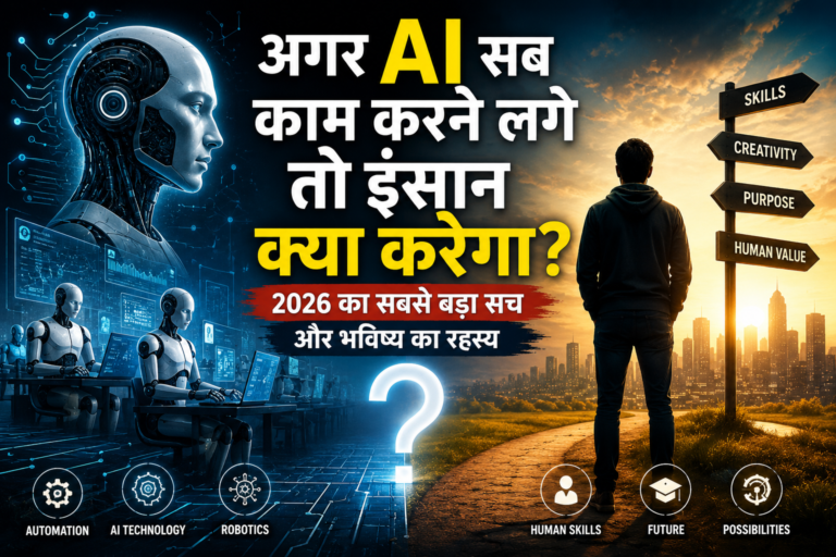AI और इंसान के भविष्य को दर्शाती फीचर इमेज जिसमें रोबोट, ऑटोमेशन, कृत्रिम बुद्धिमत्ता तकनीक और 2026 में मानव जीवन पर AI के प्रभाव को दिखाया गया है।